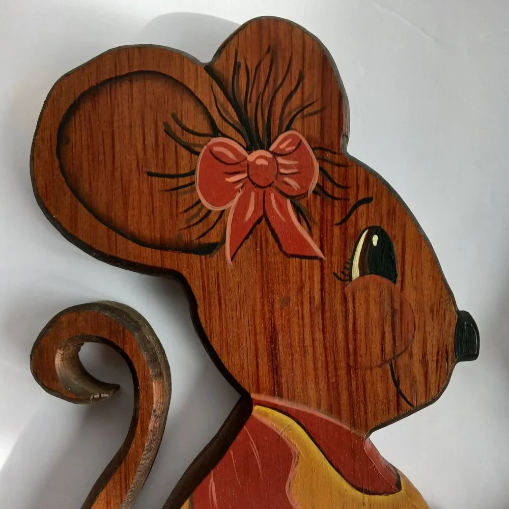 2 Vintage handmade wood mice wall hangings 11.25